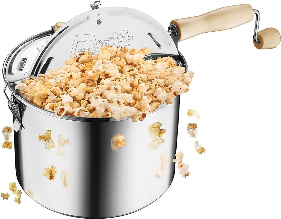 Stovetop Popcorn Maker - 6.5-Quart Stainless-Steel Popcorn Popper with a Hand Crank, Vented Lid, ... | Amazon (US)