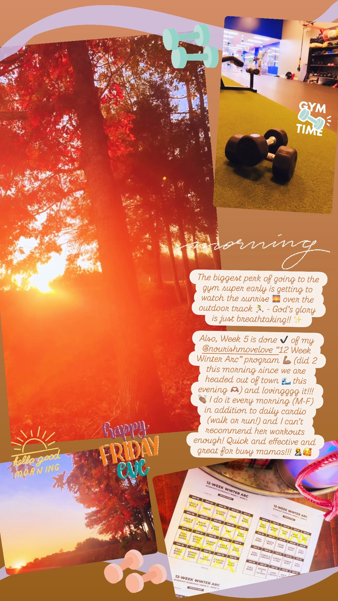 The biggest perk of going to the gym super early is getting to watch the sunrise 🌅 over the outdoor track 🏃‍♀️ - God’s glory is just breathtaking!! ✨ 

Also, Week 5 is done ✔️ of my @nourishmovelove “12 Week Winter Arc” program 💪🏽 (did 2 this morning since we are headed out of town 🌊 this evening 🫶🏽) and lovingggg it!!! 👏🏽 I do it every morning (M-F) in addition to daily cardio (walk or run!) and I can’t recommend her workouts enough! Quick and effective and great for busy mamas!!! 🤱🥰