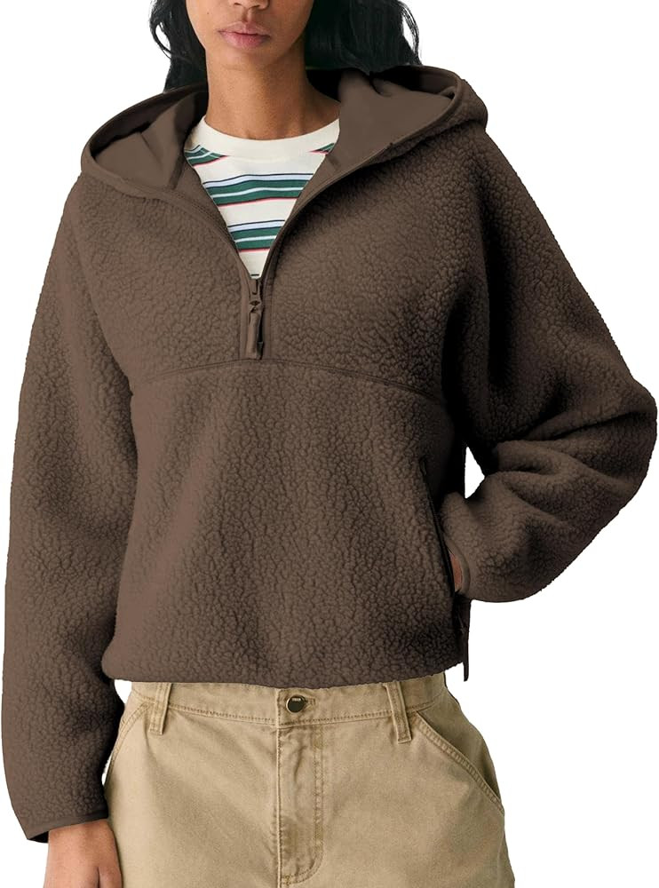 Women's Hoodie Half Zip Sherpa Fleece Pullover Lightweight Cropped Jacket with Zipper Pockets | Amazon (US)