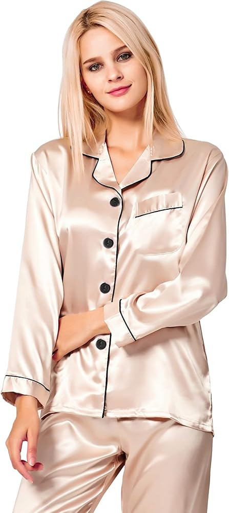 SWOMOG Womens Silk Satin Pajamas Loungewear Two-piece Sleepwear Button-Down Pj Set | Amazon (US)