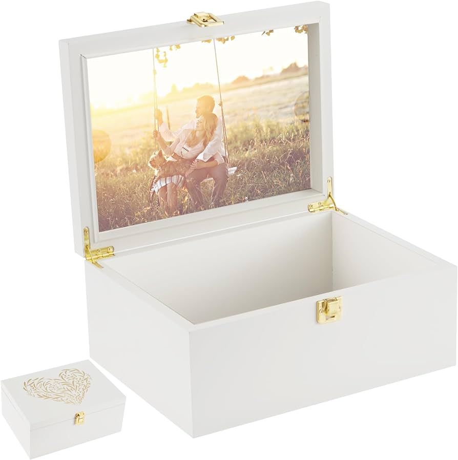 Larger Wooden Memory Keepsake Boxes With Hinged Lids and a photo frame inside the lid - Decorativ... | Amazon (US)