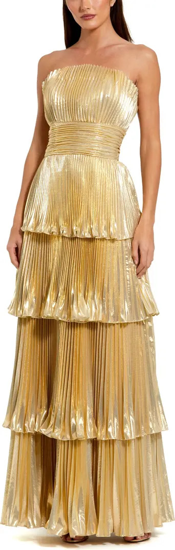 Strapless Pleated Metallic Layered High Low Gown | Nordstrom