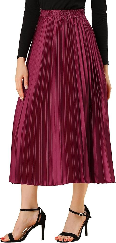 Allegra K Women's Elastic Waist Party Metallic Shiny Accordion Pleated Midi Skirt | Amazon (US)