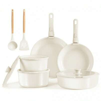 CAROTE 13-Piece Ceramic Cookware Set, Detachable Handle Pots And Pans Set, Oven Safe, Cream White | SHEIN