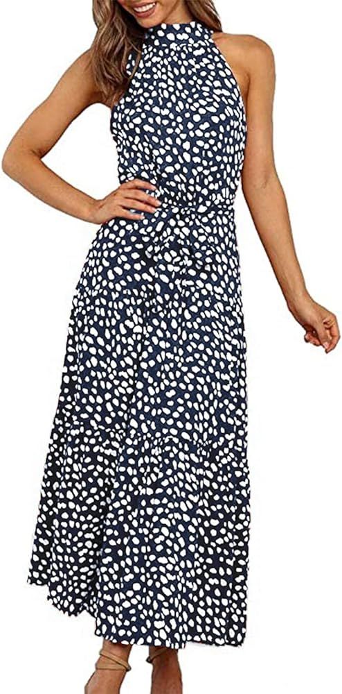 PRETTYGARDEN Women’s Casual Halter Neck Sleeveless Floral Long Maxi Dress Backless Loose Ruffle... | Amazon (US)