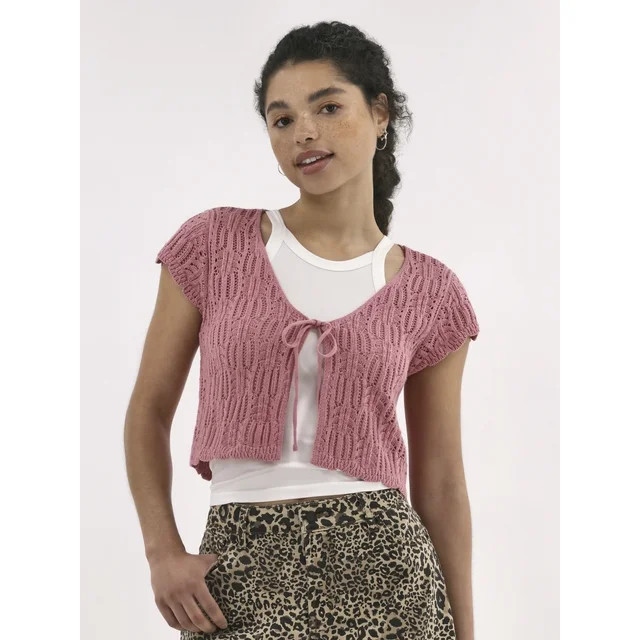 No Boundaries Crochet Cardigan Sweater with Short Sleeves, Lightweight, Women's | Walmart (US)