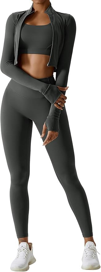 Workout Sets for Women 3 Piece High Waisted Seamless Leggings Crop Top Jacket Gym Yoga Outfit Str... | Amazon (US)