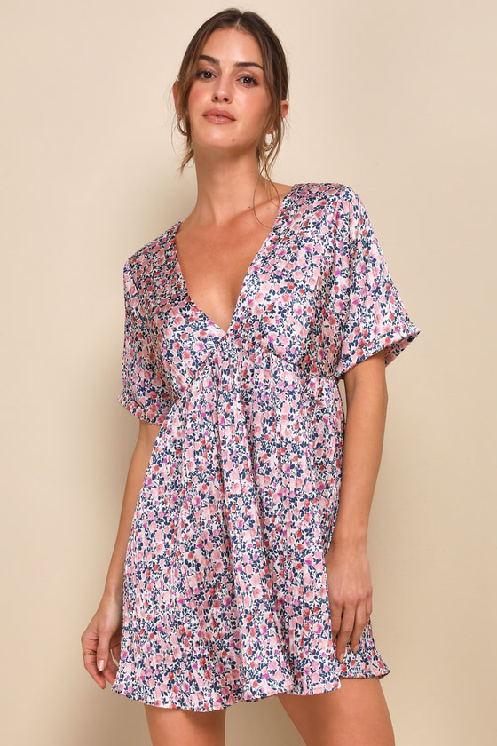 Express Yourself Blush Pink Floral Print Satin Babydoll Dress | Lulus