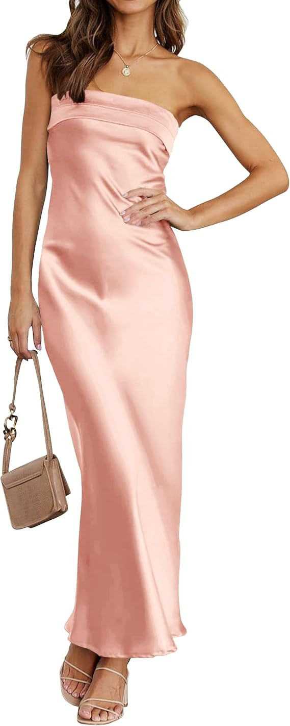 MEROKEETY Women 2025 Summer Strapless Satin Tube Bodycon Backless Wedding Guest Maxi Dress | Amazon (US)