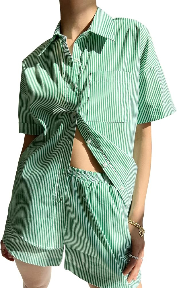 SAFRISIOR Women’s 2 Piece Casual Tracksuit Outfit Sets Stripe Long Sleeve Shirt And Loose High ... | Amazon (US)