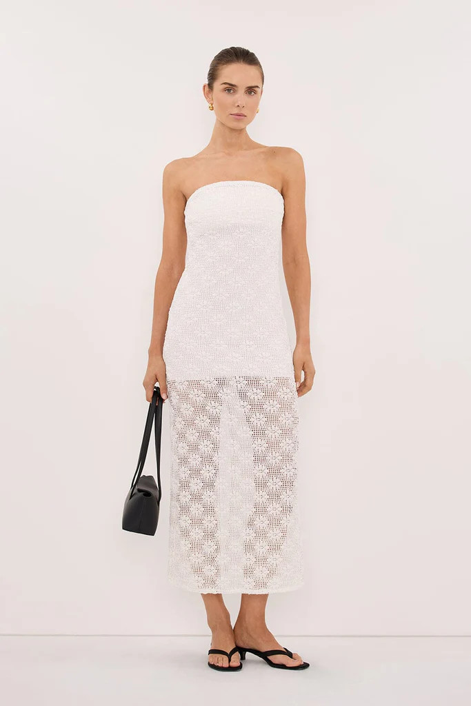 AGNES WHITE STRAPLESS CROCHET MAXI DRESS | DISSH