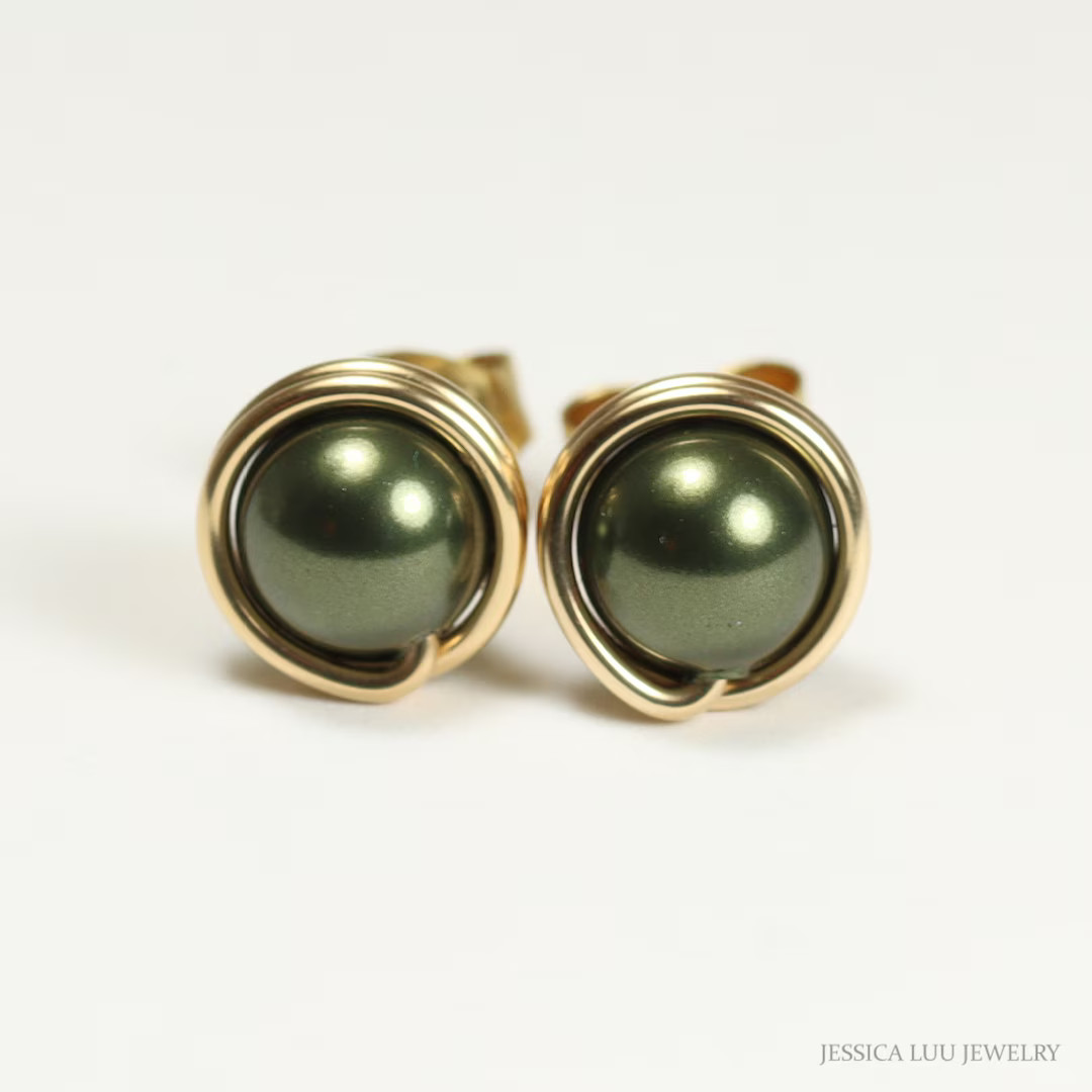 Gold Dark Olive Green Pearl Stud Earrings 6mm 8mm 10mm Round Hunter Forest Ball Posts Handmade Je... | Etsy (US)