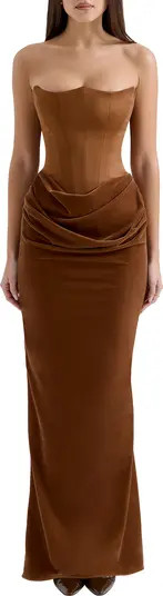 HOUSE OF CB Persephone Strapless Corset Satin & Velvet Gown | Nordstrom | Nordstrom