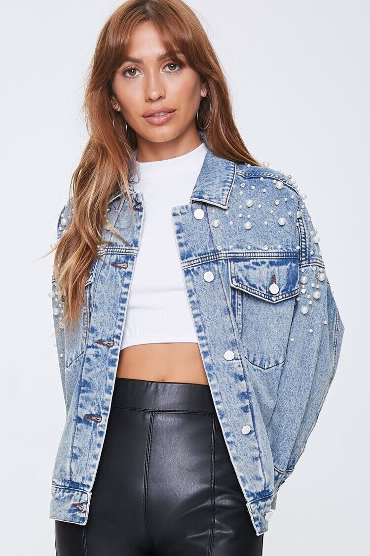 Faux Pearl Denim Jacket | Forever 21