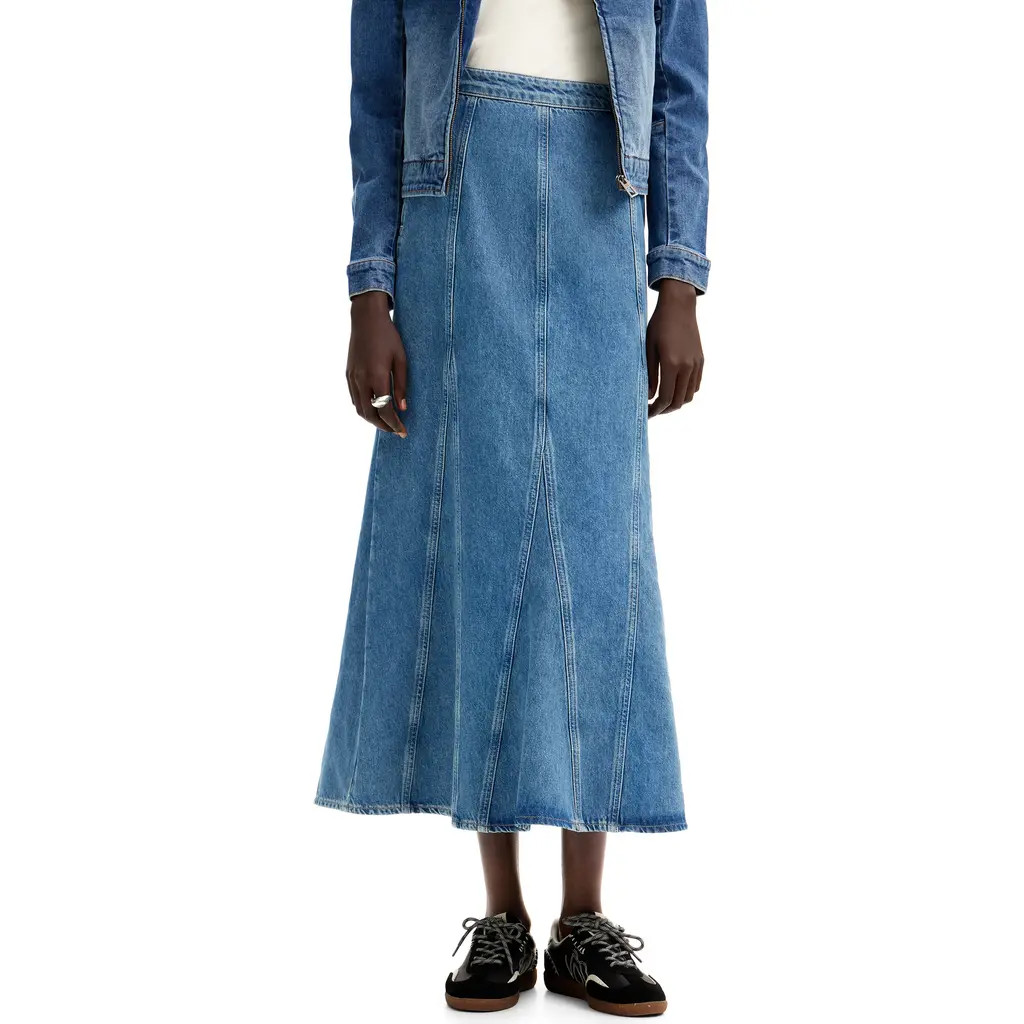 Desigual Fal Gaga Paneled Flared Denim Midi Skirt in Blue at Nordstrom, Size Small | Nordstrom