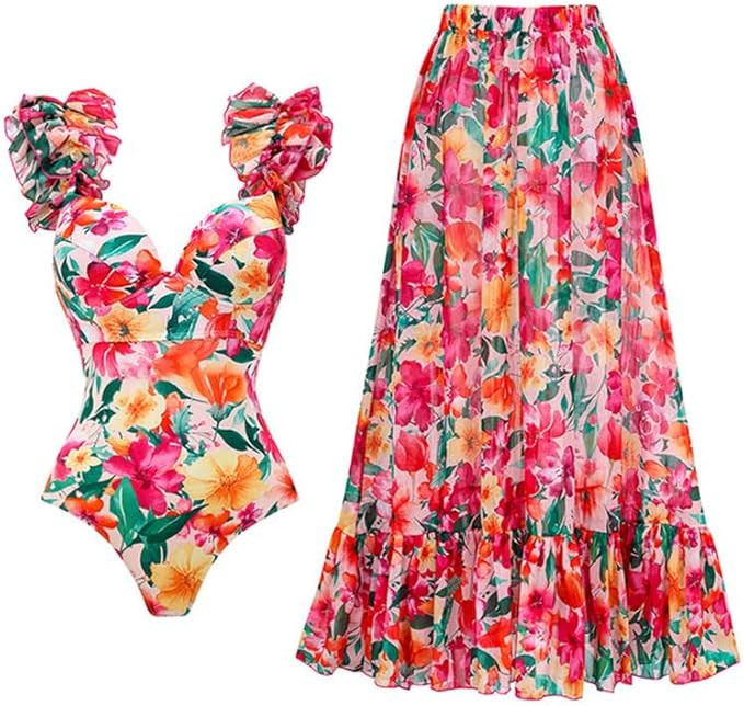 Women’s Beach One Piece Swimsuit with Cover-up Wrap Skirt Multi Floral Bikini Set of Two Bikini... | Amazon (US)