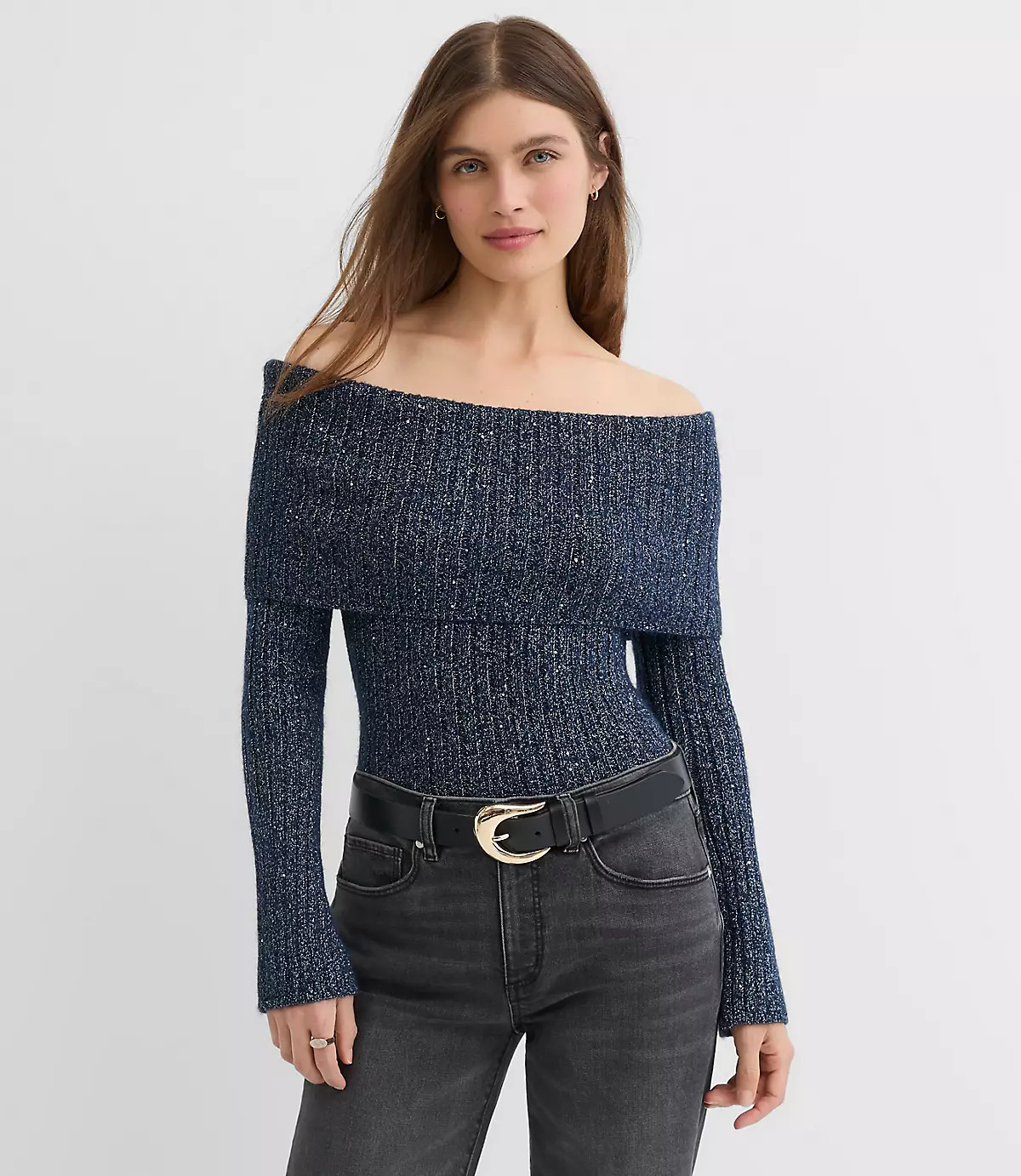 Shimmer Ribbed Flare Sleeve Off The Shoulder Sweater | LOFT