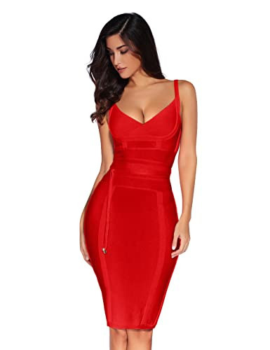 Womens Bodycon Midi Dress Spaghetti Strap Bandage Cocktail Party Dress for Wedding Guest Birthday Outfit(red,XS) | Amazon (US)