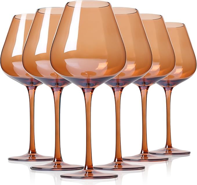 Physkoa Stylish Amber Colored Wine Glasses Set of 6-18oz Long Stemmed Brown Wine Glasses,Hand Blo... | Amazon (US)