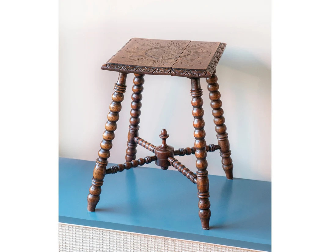 Antique Bobbin Table, Carved Wooden Coffee Table, Old Side Table With Turned Legs, Dark Brown Pla... | Etsy (US)