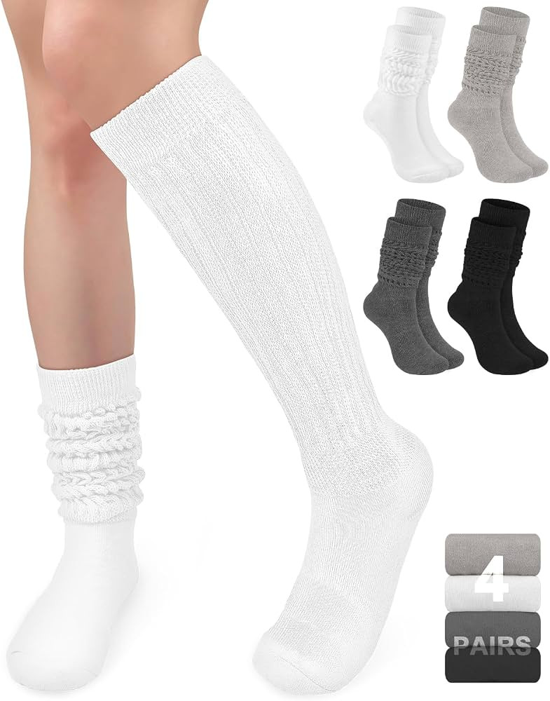 4 Pairs Slouch Socks Women Knit Knee High Boot Socks Warm Cozy Cotton Long Scrunch Socks | Amazon (US)