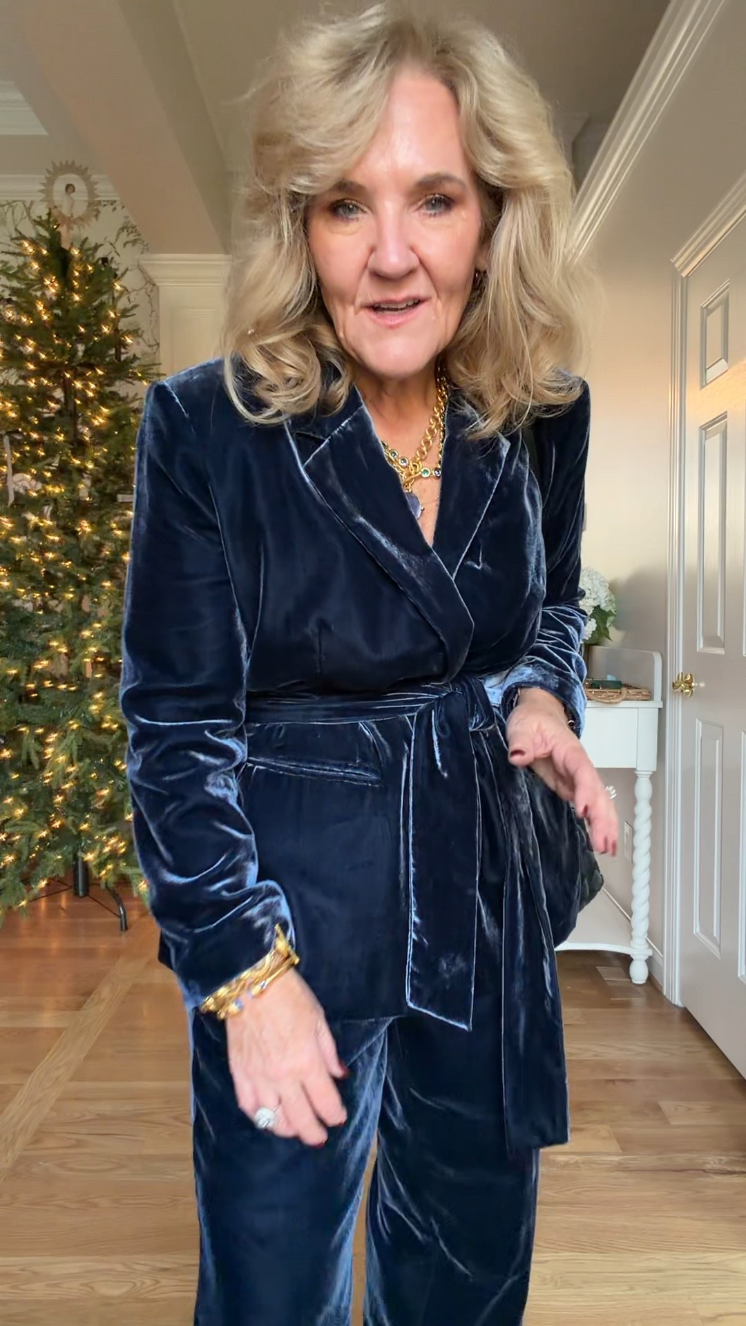 @loft tuxedo stripe jeans size 8 petite 
Metallic sweater size medium 
Blue velvet jacket medium petite 
Blue velvet pants medium petite 8 petite 
Embellished sweater size medium 
Slingbacks size up 1/2 
@julievos tanzanite pieces are gorgeous! Definitely splurge worthy 
Tory Burch reversible belt 

New Year’s Eve holiday parties 

#LTKHoliday #LTKWorkwear #LTKOver40

#LTKSaleAlert #LTKPetite