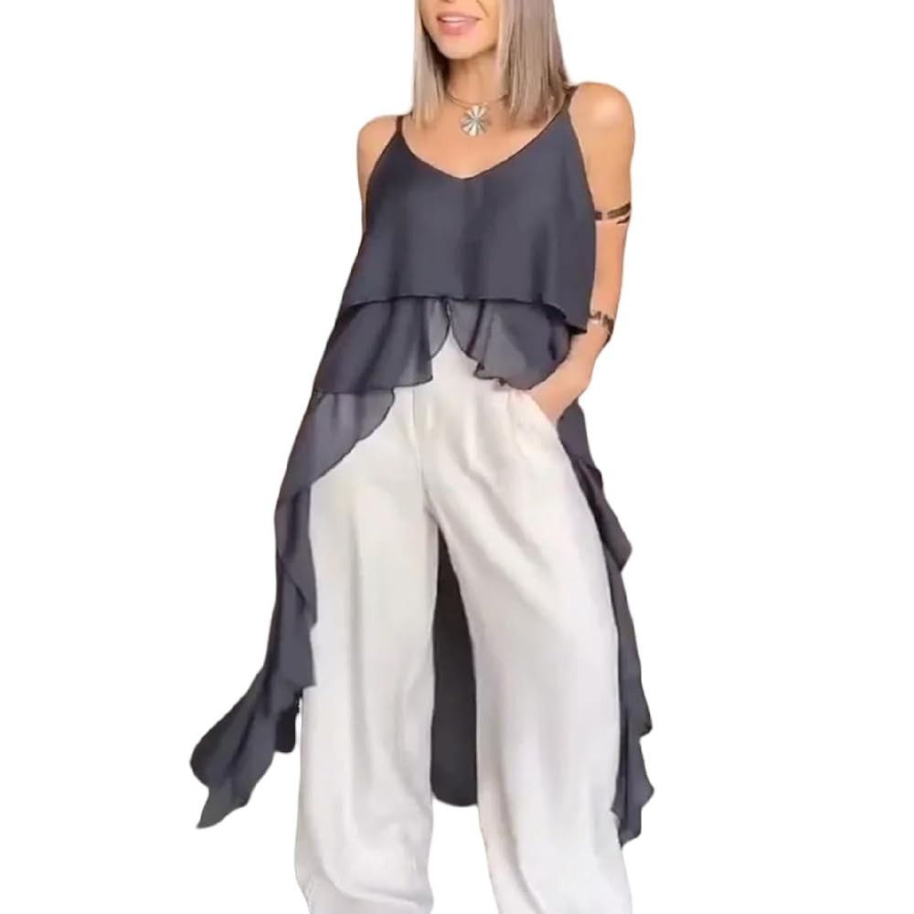 Women Split Front Ruffle Flowy Long Cami Shirt Sleeveless Backless Spaghetti Strap Layer Chiffon ... | Amazon (US)