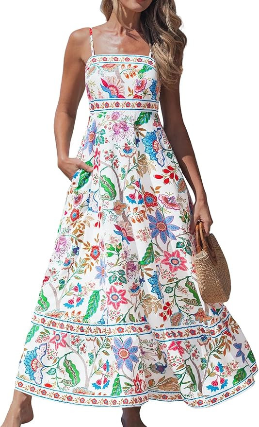 popvil Women Summer Maxi Dress 2026 Spaghetti Strap Long Beach Dress Boho A-Line Flowy Casual Sle... | Amazon (US)