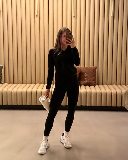 We love a black gym suit. Wearing small everything. Size up 0.5 in shoes 