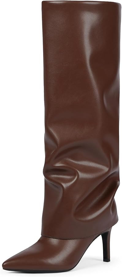 Knee High Boots Women Fold Over Boots Pointed Toe Stiletto Heel Long Shark Tall Boots with Zipper | Amazon (US)