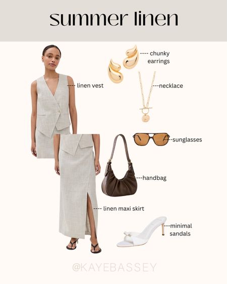 Summer linen outfit idea - linen vest and maxi skirt matching set, gold statement jewelry, strappy heels #shopbop #summer #outfit #ootd #workwear 

#LTKworkwear #LTKstyletip #LTKSeasonal