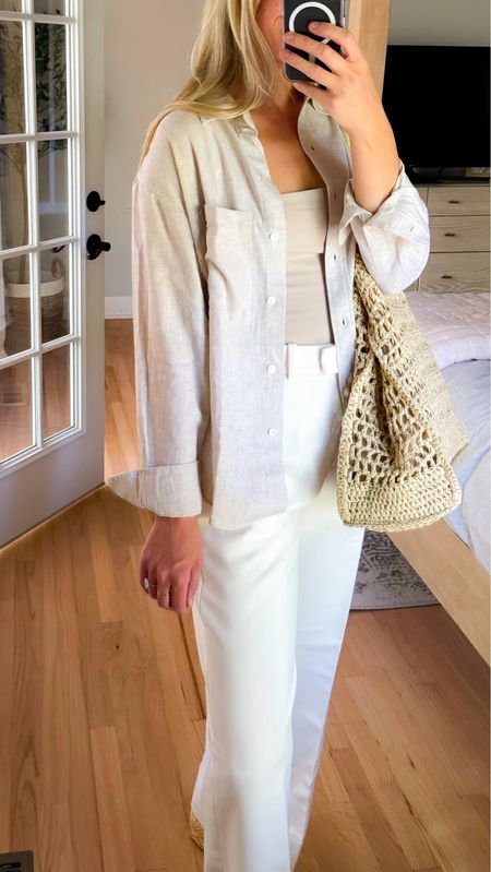White Wide leg pants tailored pants dressy paint abercrombie pants abercrombie and fitch trousers straw tote beach tote pool tote raffia tote bag tube top strapless top linen shirt button down shirt sandals wedges platform wedge dolce vita sandals 

#LTKFindsUnder50 #LTKFindsUnder100 #LTKStyleTip