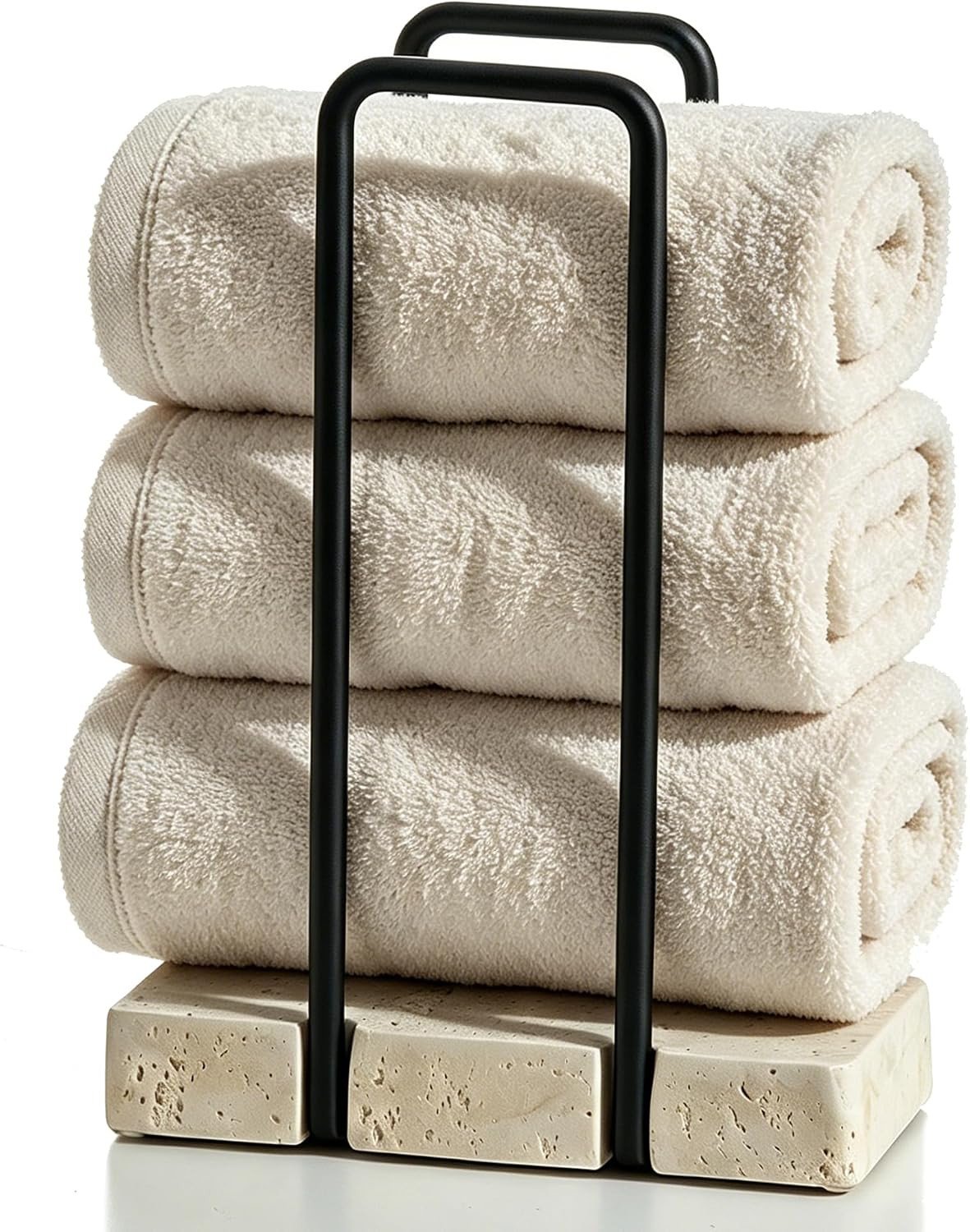 Travertine Texture Hand Towels Holder, Guest Room Hand Towels Stand for Bathroom, Rolled Towels Rack Bar Free Standing for Vanity Kitchen Countertop, (Resin Base,Stainless Steel Matte Black) | Amazon (US)