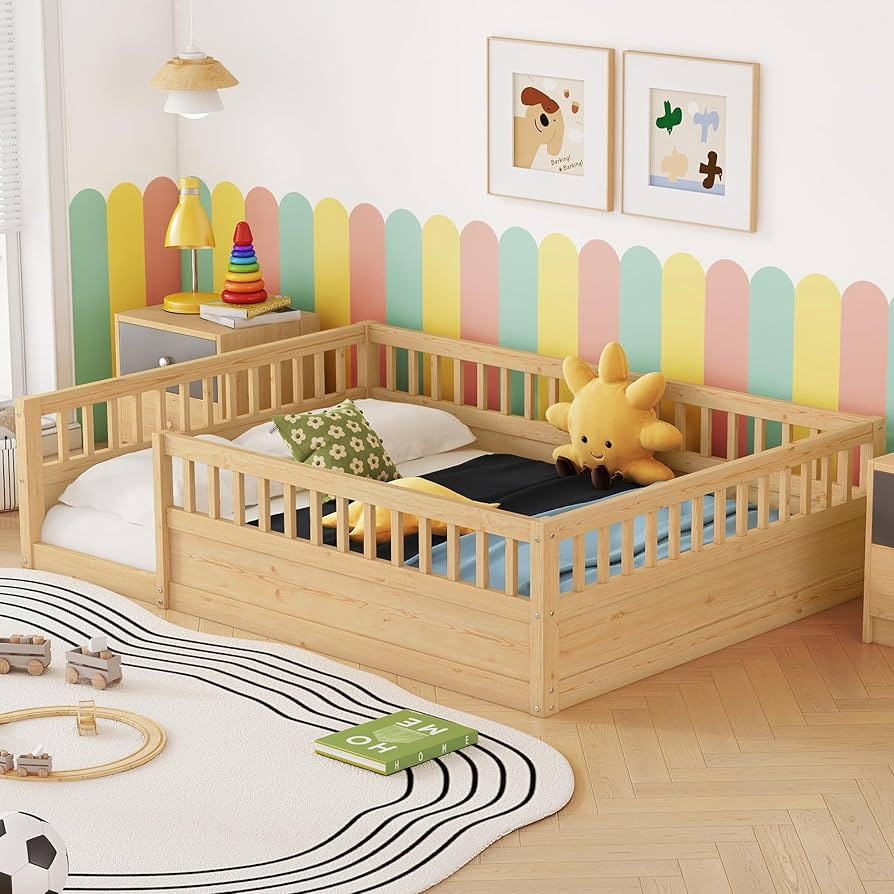 Full Size Montessori Floor Bed, Solid Wood Playhouse Bedframe with Safety High Fence for Kids, Gi... | Amazon (US)