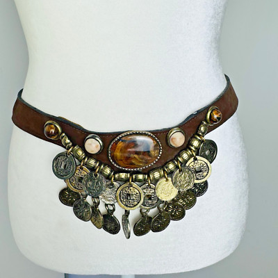 Vtg Leatherock Large Gold Coins Charms Cabochon Faux Stone Brown Leather Belt | eBay US