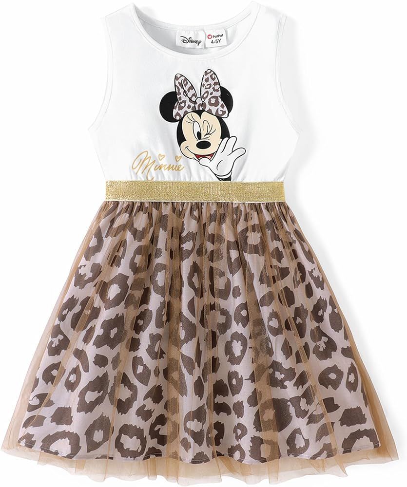 Disney Mickey and Friends Girls Dress Toddler Girl Leopard Panel Mesh Overlay Tank Dress | Amazon (US)