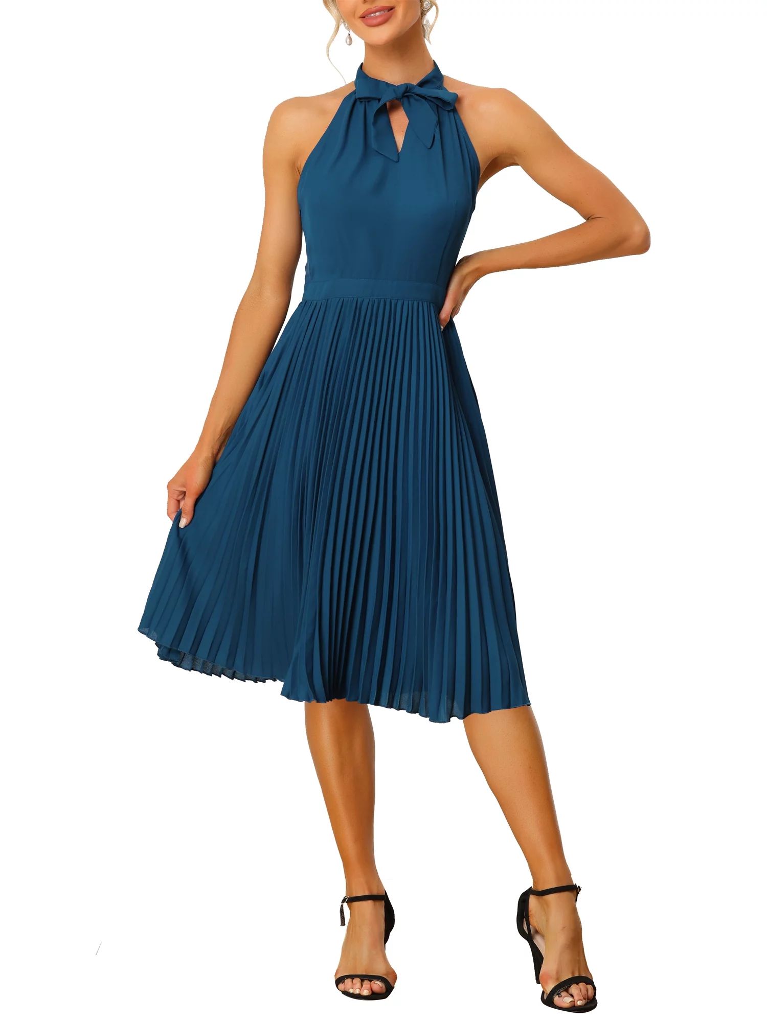 Allegra K Pleated Dress for Women's Tie Halter Neck Sleeveless Chiffon Work Dresses | Walmart (US)