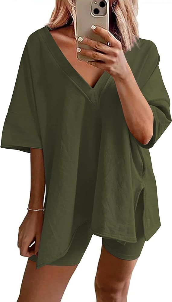 Ekouaer Womens Pajamas 2 Piece Lounge Sets Oversized V Neck T-Shirts Tops Biker Shorts Set Workou... | Amazon (US)