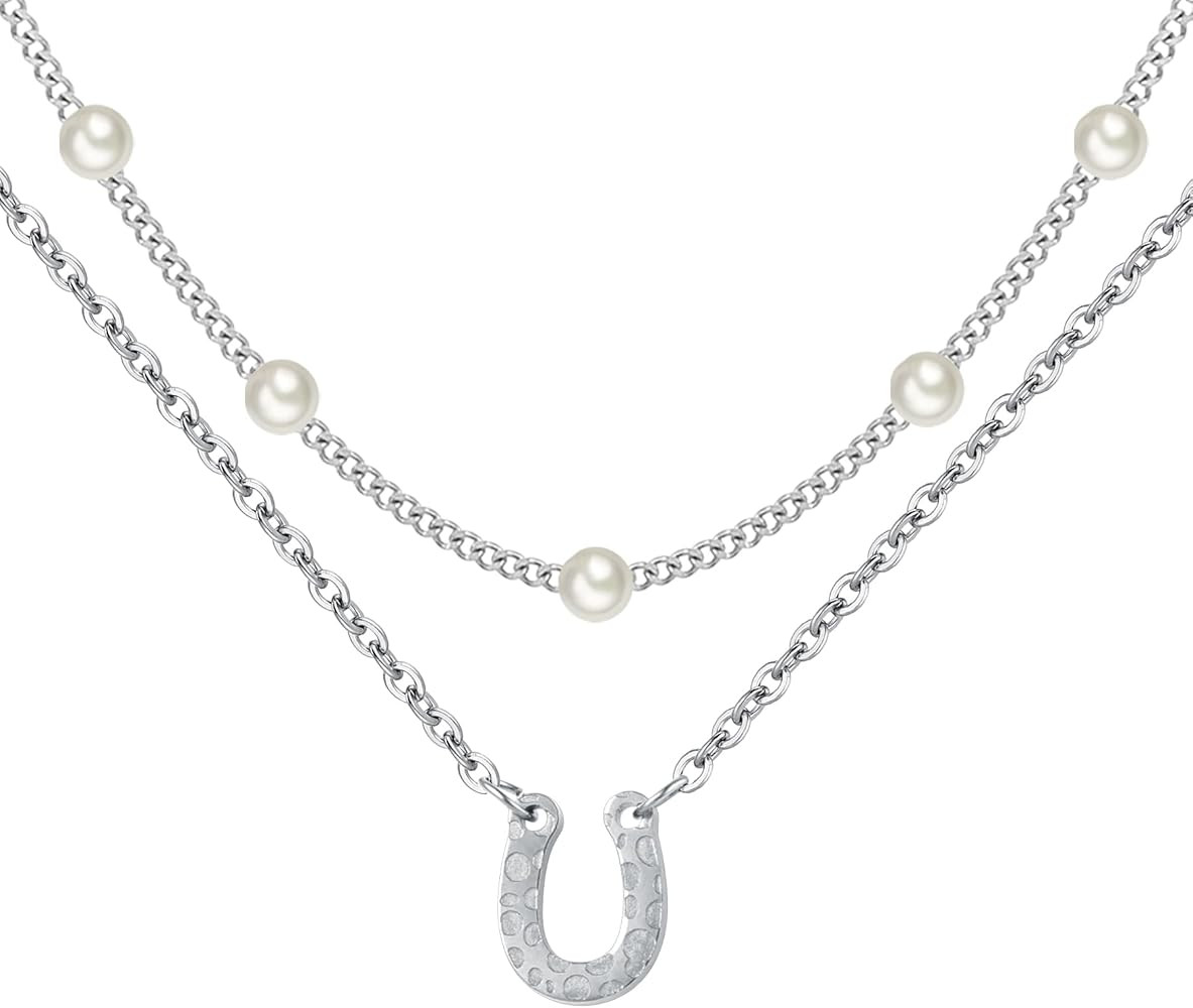 Qitian 18K Gold Plated Satellite Pearl & Bow Pendant Necklace for Women, Adjustable Layered Choke... | Amazon (US)