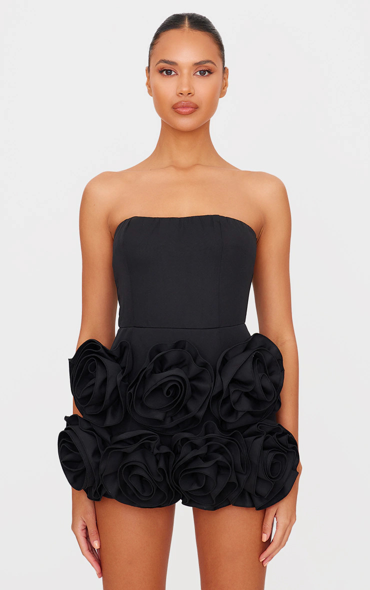 Black Oversized Rose Detail Bandeau Skort Playsuit | PrettyLittleThing UK
