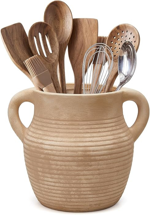 Rustic Utensil Holder for Kitchen Counter - Ceramic Farmhouse Cooking Utensil Crock & Organizer f... | Amazon (US)