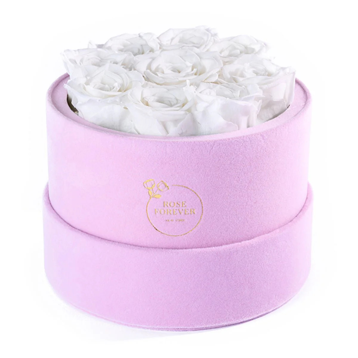 9 White Roses - Pink Round Suede Box | Rose Forever 