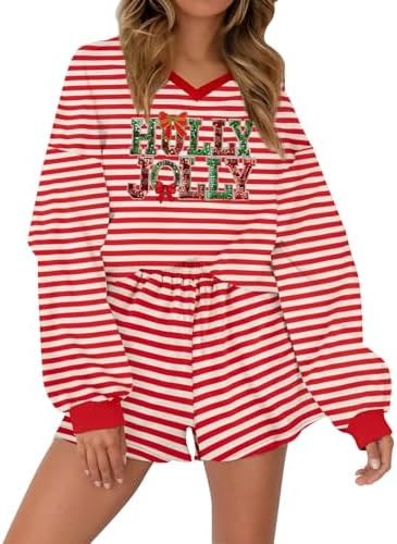 LUKYCILD Women 2 Piece Christmas Sets Striped Lounge Short Set V Neck Sweatshirt and Shorts with ... | Amazon (US)