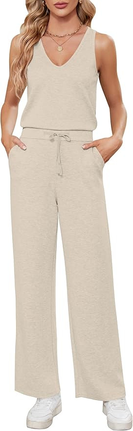 Sarin Mathews V Neck Jumpsuits for Women Casual Air Essentials Jumpsuit Sleeveless Wide Leg Long ... | Amazon (US)