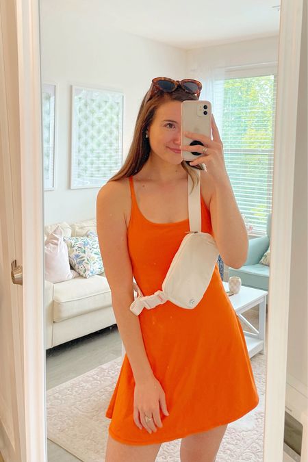 Saturday for the Farmers Market 🧡 Orange Workout Dress from Halara, linking $30 Amazon version here!! Paired with a white Lululemon Belt Bag and Amazon Sunglasses! #LTKfit 

#LTKunder50 #LTKstyletip