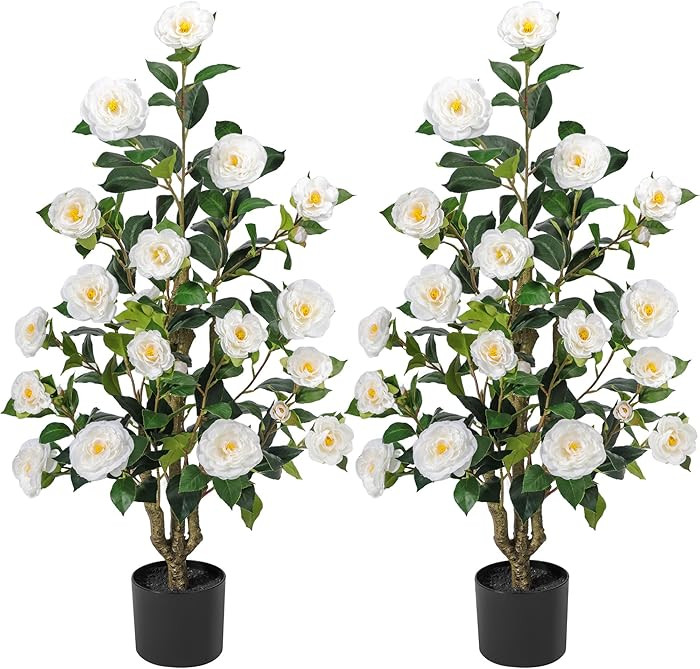 Artificial Camellia Tree 3.3 FT 2 Pack, Christmas Decor Fake Camellia Plant with Blooming Flowers... | Amazon (US)