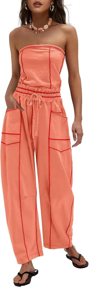 Womens Casual Strapless Jumpsuits off the Shoulder Summer Rompers Sleeveless One Piece Outfits wi... | Amazon (US)
