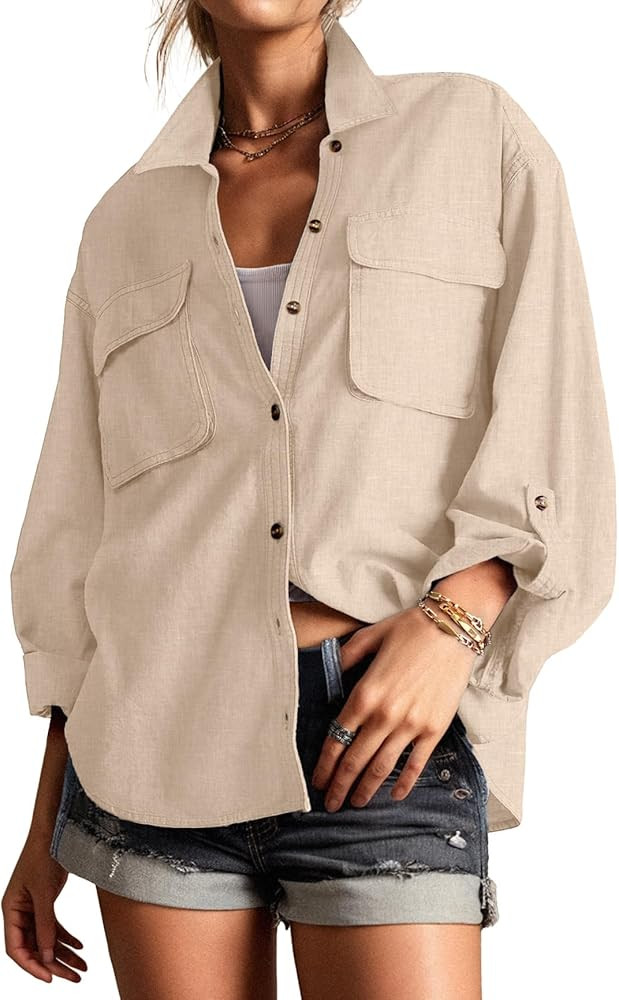 Lepunuo Womens Shacket Long Sleeve Shirt Jacket Button Down Linen Roll-up 3/4 Sleeves Shirts Blou... | Amazon (US)