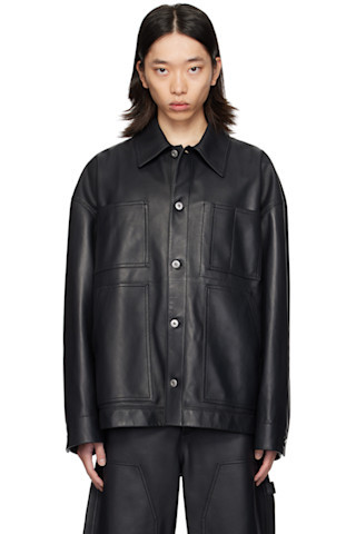 Black Spread Collar Leather Jacket | SSENSE