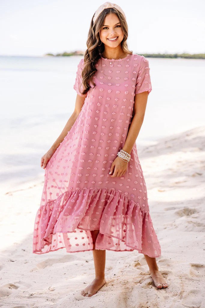 Hear The News Mauve Pink Swiss Dot Midi Dress | The Mint Julep Boutique